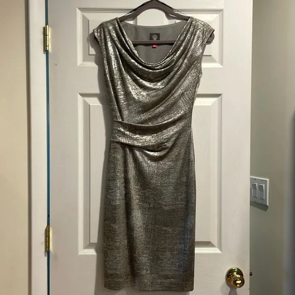 Vince Camuto Cowl Neck Cap Sleeve Metallic Dress Silver 4 at Nordstrom Rack - Womens Cocktail Dresses - Party Dresses - Dresswear